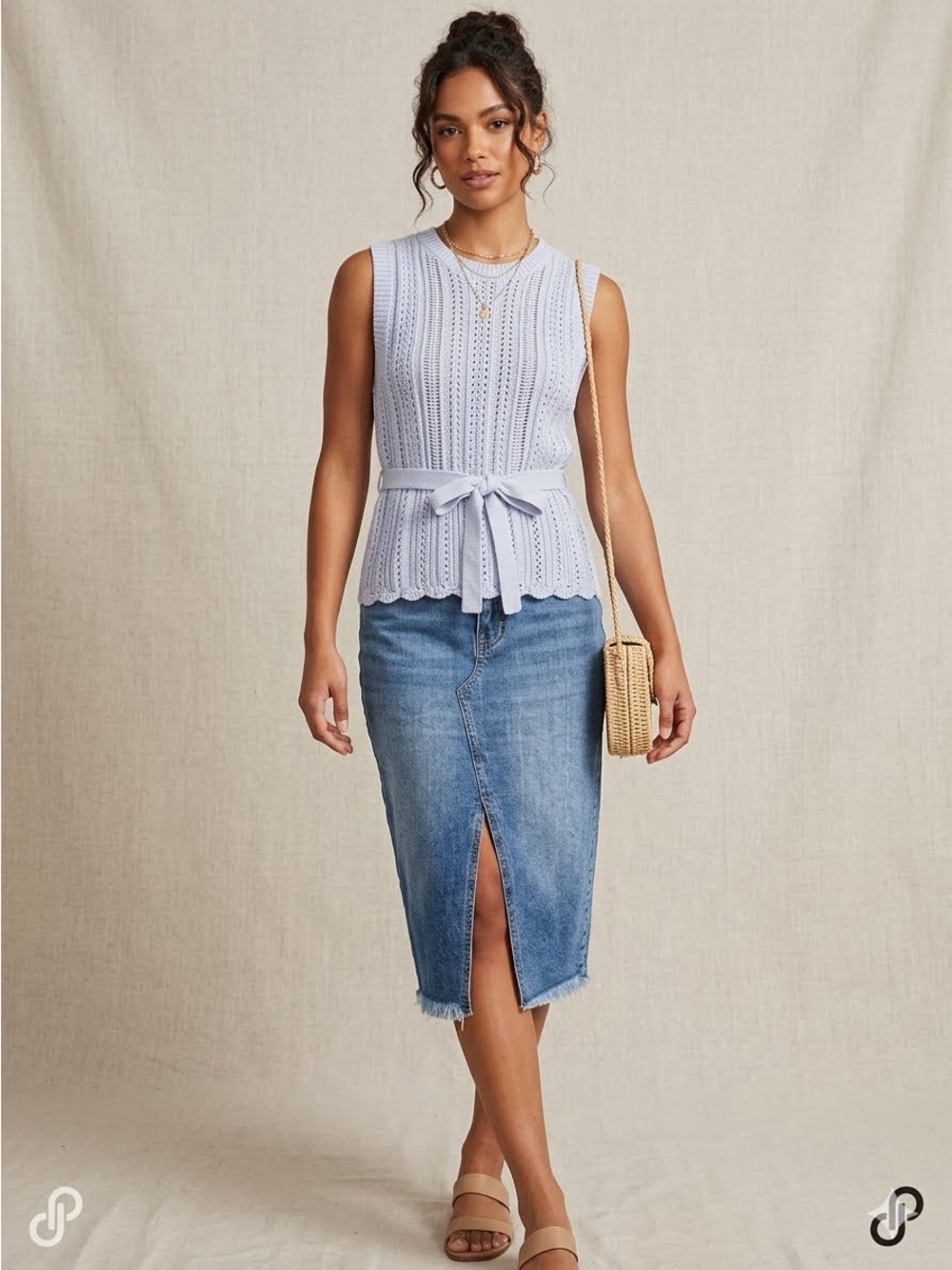 Heartloom Open-Stitch Knit Sweater Vest with Front-Tie Belt - Size XS